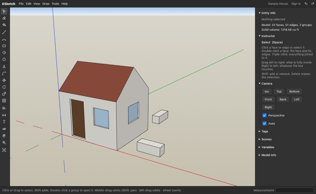 GSketch in the browser: a small house with a door and windows pushed into its walls, drawn with the push/pull tool
